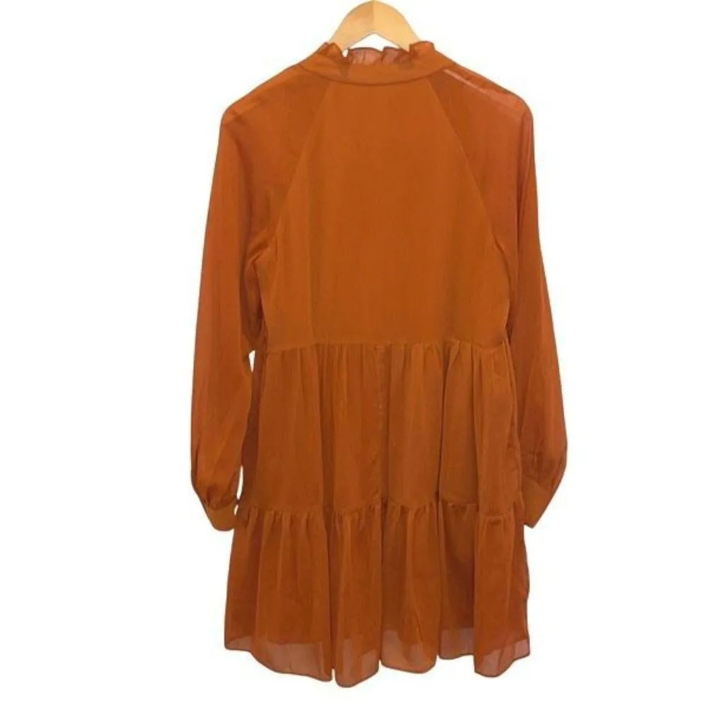 1.State Womens Split Neck Tiered Long Sleeve Lined Babydoll Mini Dress Burnt Ora - Image 4