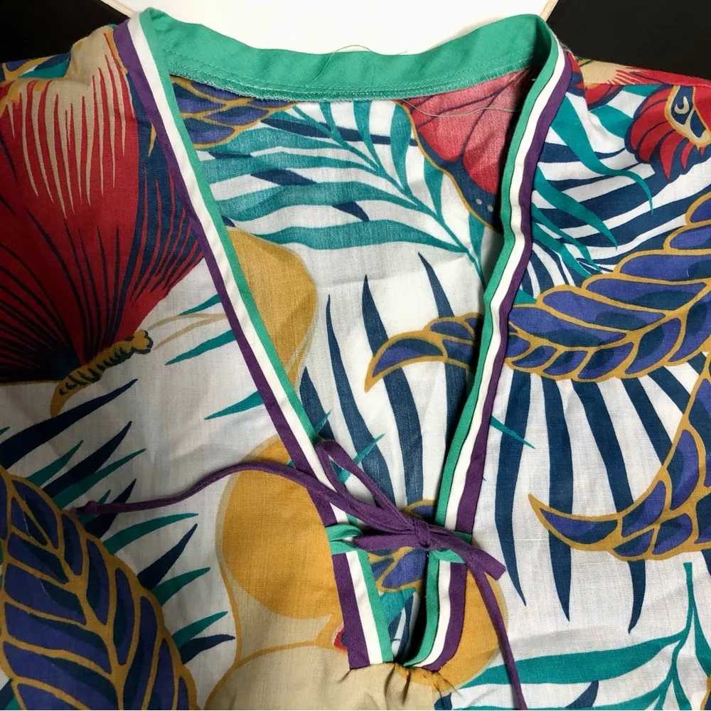 Vintage 70s Dutchess Hawaiian Floral Tunic Apron Top Shirt Luau Tropical Size L Blue Size L - Image 3