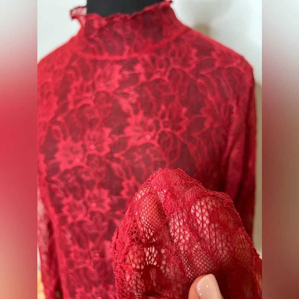 By Anthropologie Red Semi Sheet Lace Layering Turtleneck | XL - Image 9