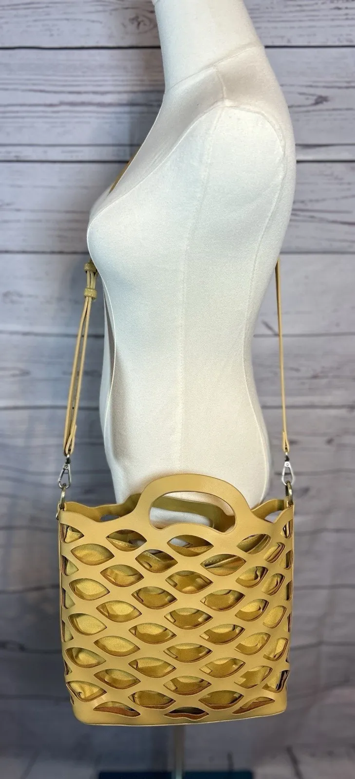 Joy Susan Yellow Vegan Leather Laser-Cut Tote Bag with Inner Pouch & Strap - Image 1