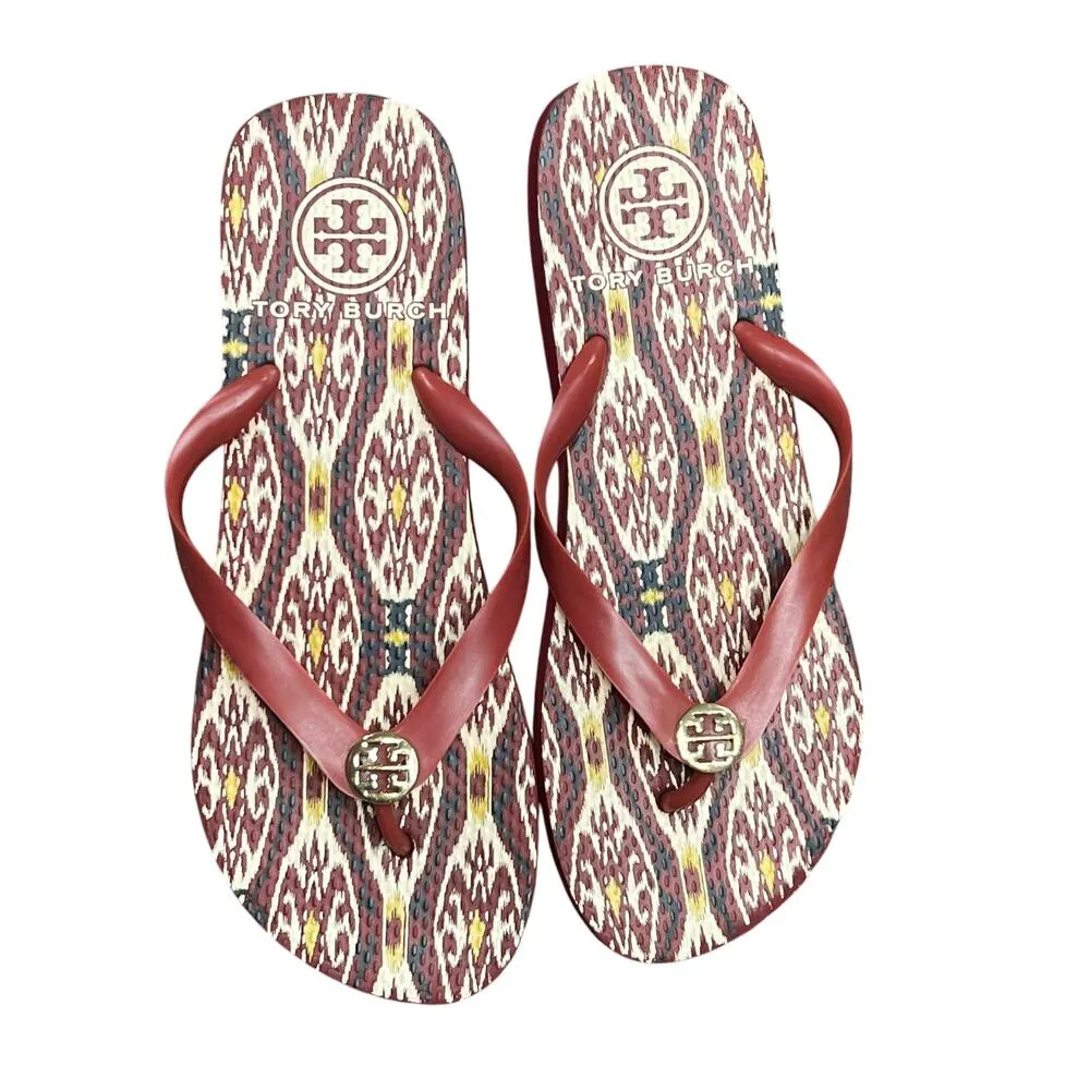 Tory Burch Flip Flops Womens 9 Burgundy Red Ikat Logo Medallion Beach Resort - Image 3