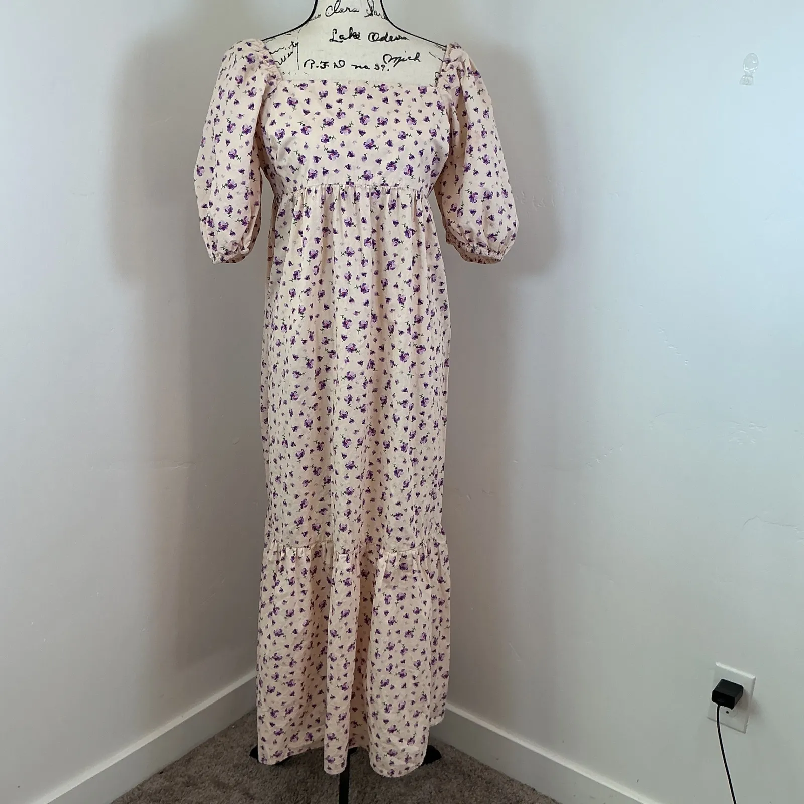 Fourteenth Place Purple Floral Print‎ Square Neck Midi Dress Puff Sleeve L - Image 2