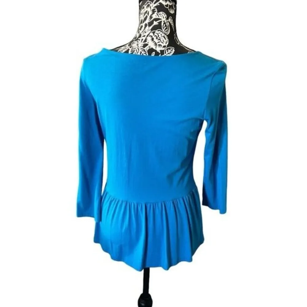 Garnet Hill Women’s Ruffle Bottom Long Sleeve Shirt Top Blue Cotton Modal Small - Image 3