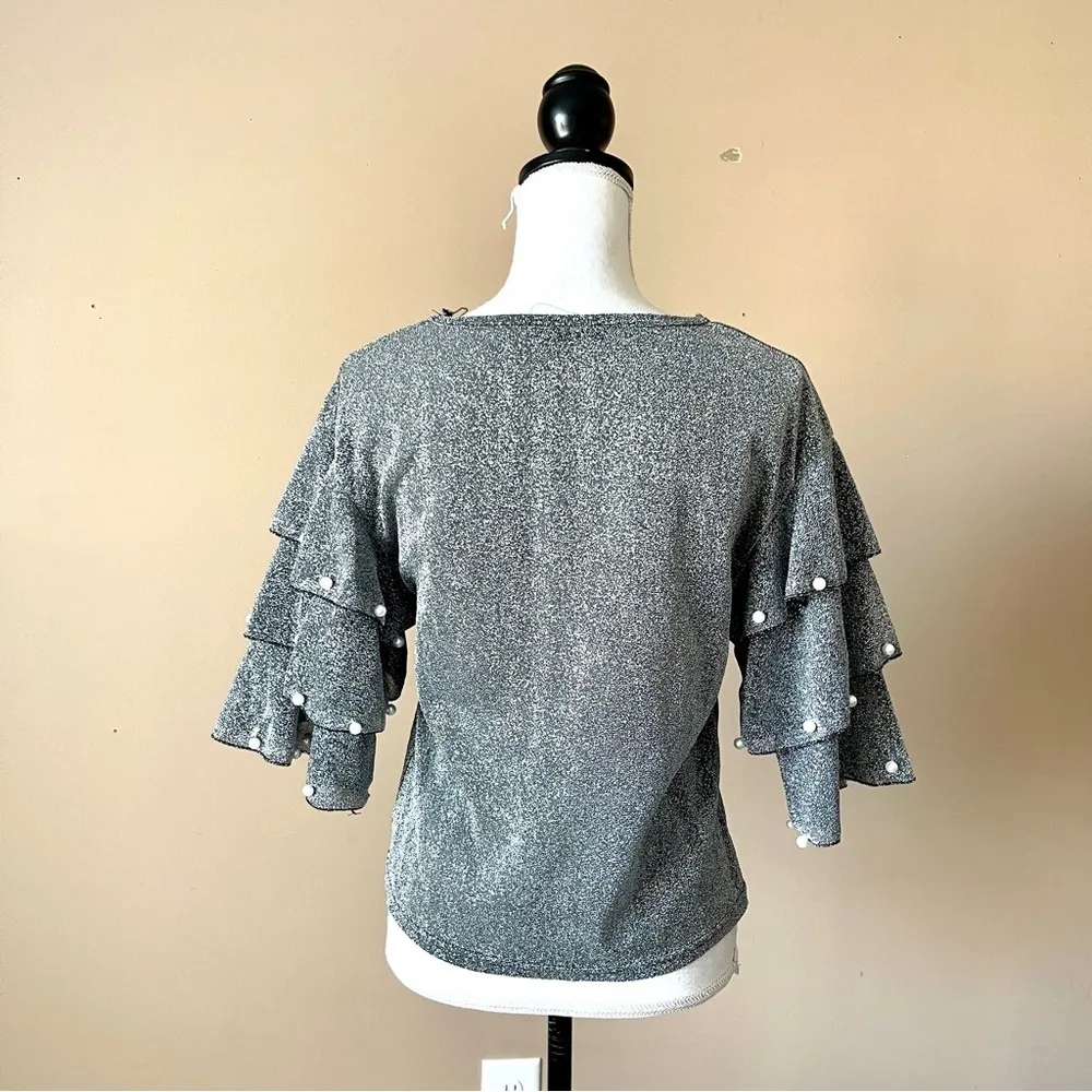 SHEIN | Gunmetal Metallic Silver Pearl Tiered Sleeve Blouse Sz XS - Image 6