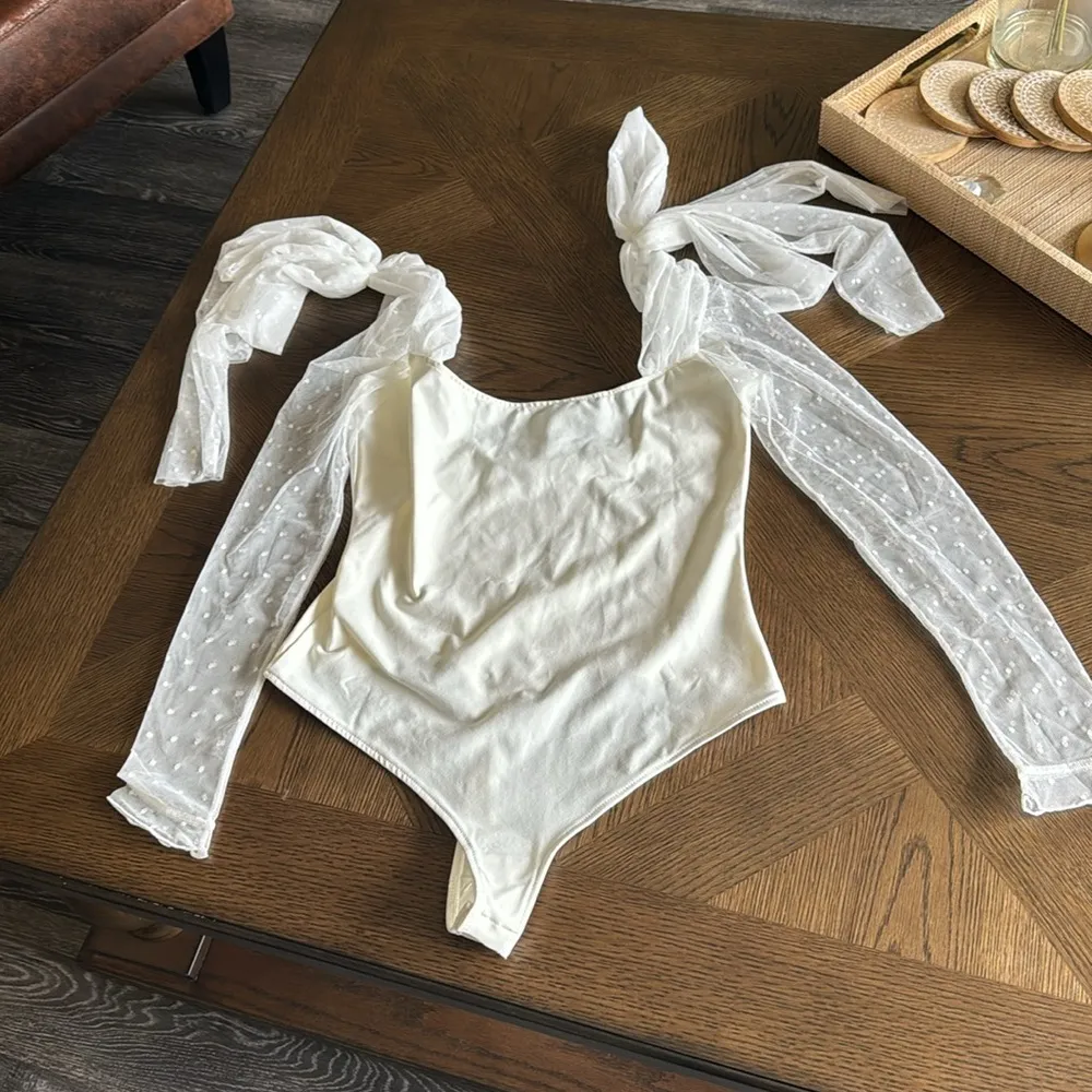 Free People Tongue Tied Mesh Sleeve Tie Shoulder Bodysuit, Ivory, Medium, $68 - Image 4