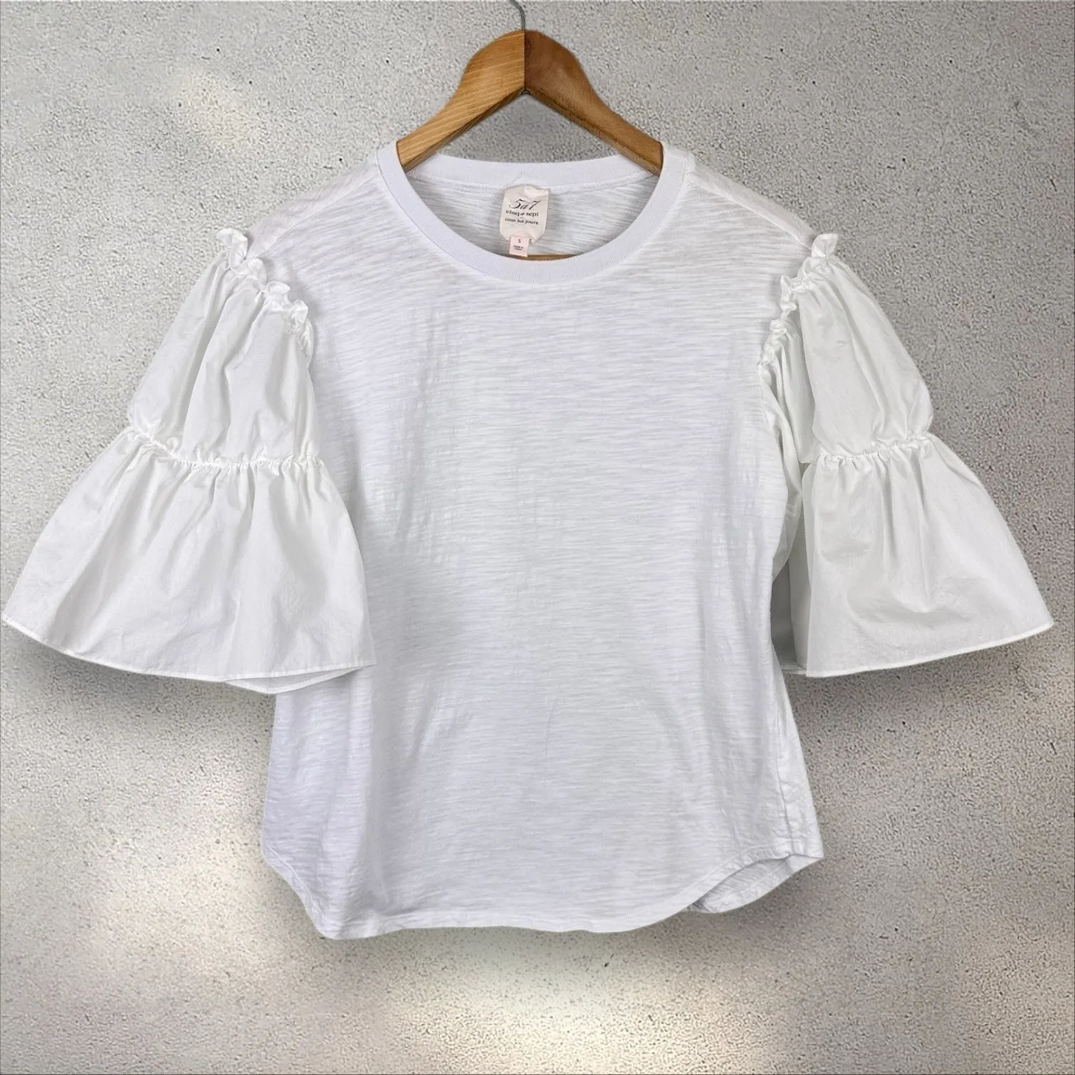 CINQ A SEPT Hailey Ruffle Short Sleeve Top in White Size Small 100% Cotton - Image 2