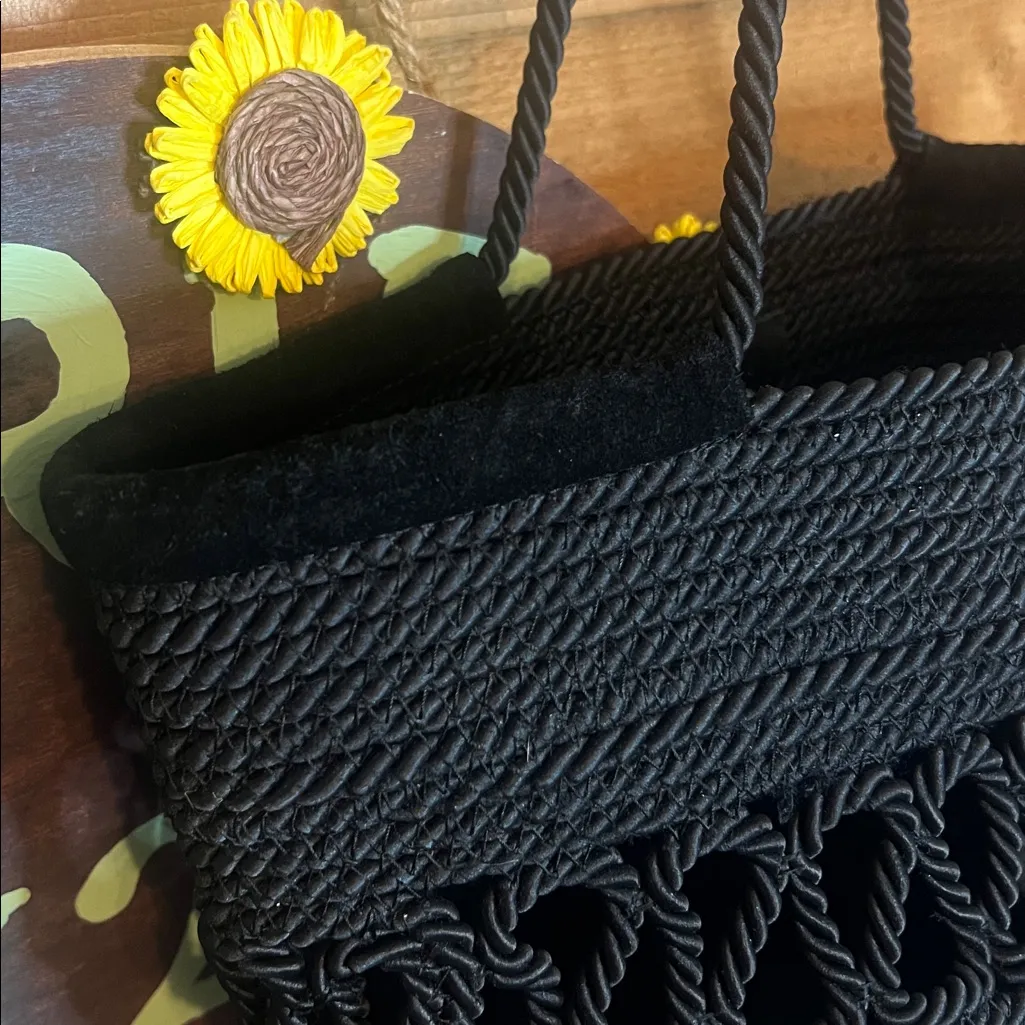 Zara Woman Black Suede Leather Macrame Woven Tote Purse Bag XL Bucket Bag Rope - Image 5