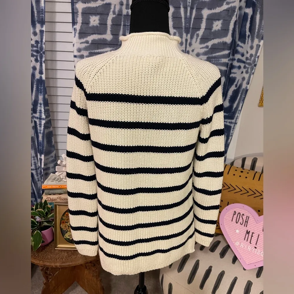 ⚓️Women’s Talbots Striped Cotton Shaker Stitch Roll Neck sweater Cream & Navy PM - Image 6