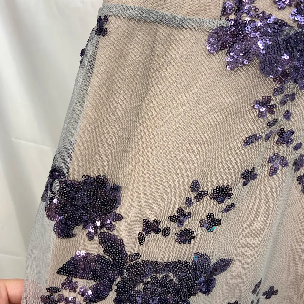 NEW women’s nude tan purple blue lace‎ sequin lined deep v stretch mini dress S - Image 4