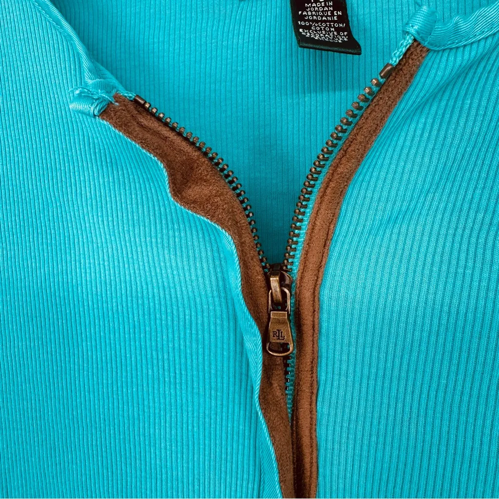 Y2K Lauren Ralph Lauren Teal Long Sleeve Zip Top Adjustable Sleeves Petite Small - Image 9