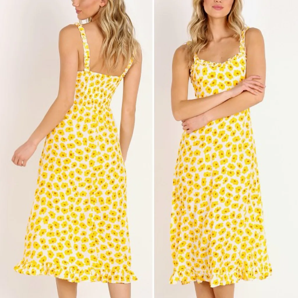 Faithfull the Brand Noemie Dress Size 8 US Yellow Floral Midi Ruffle Hem Smocked - Image 15