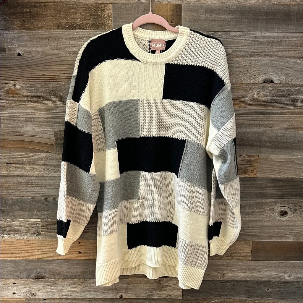 Show Me Your MuMu Ember Tunic Sweater in Gray Patchwork Knit Size Small NWT - Image 4