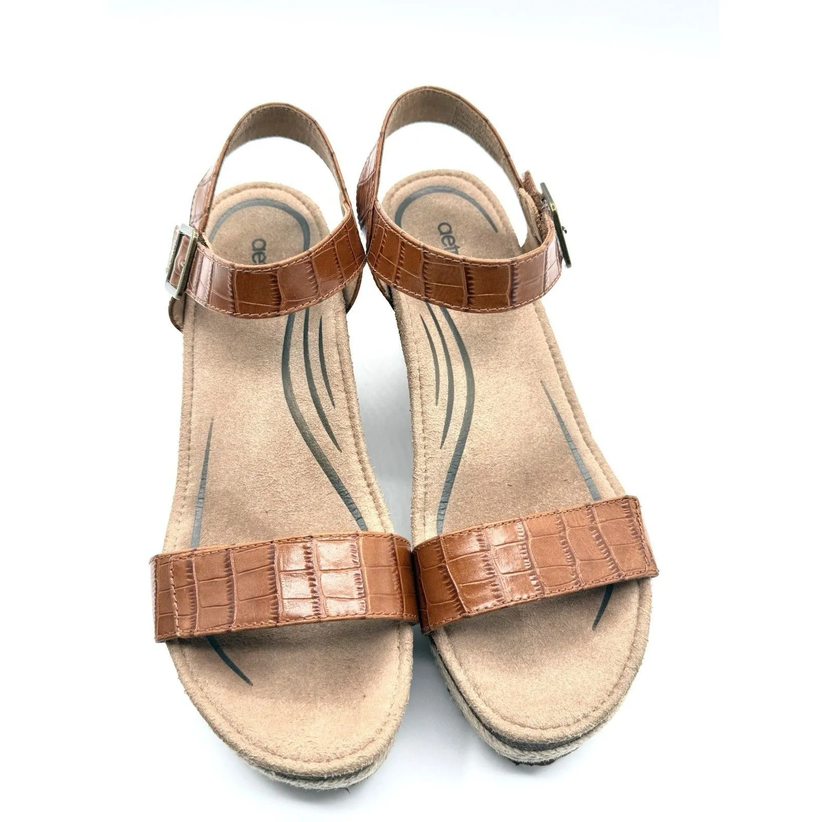 Aetrex Sydney Wedge Espadrille Sandal Brown Croc Leather Women's US 9 EUR 40 - Image 4