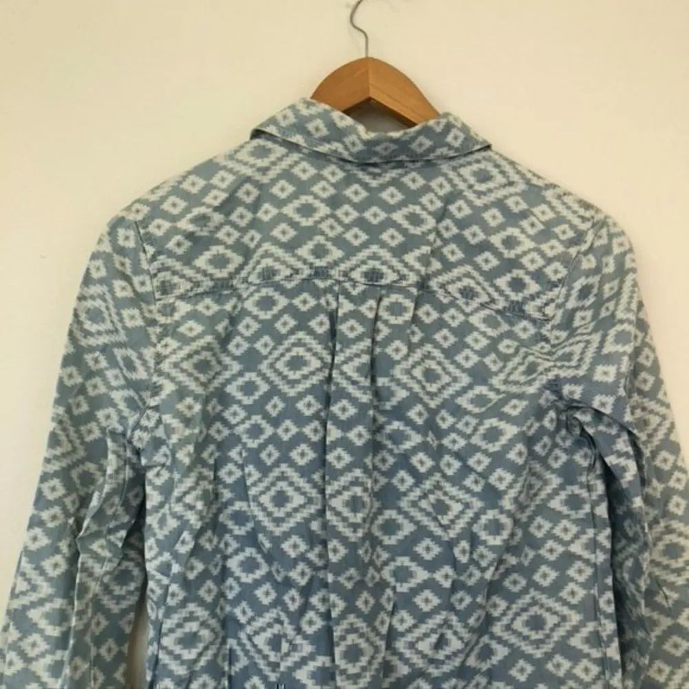 LUCKY BRAND Blue Chambray Denim Look Cream Ivory Ikat Boho Cotton Shirt Dress SM - Image 8