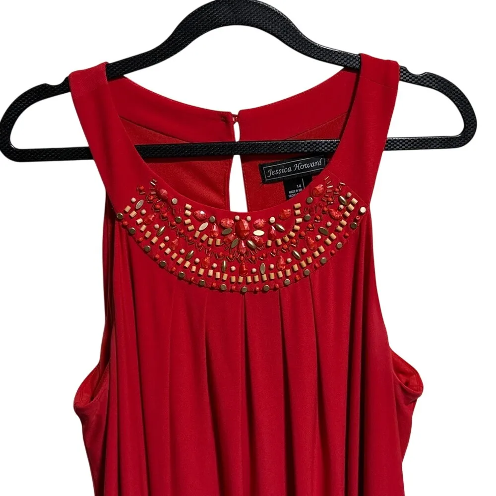 Jessica Howard Women's Red Beaded Neckline Sleeveless Shift Dress Size 14 - Image 3