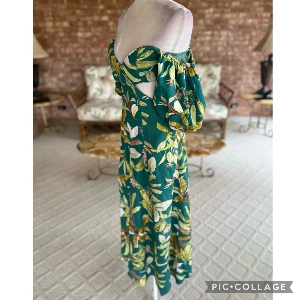 O.P.T. Callista Dress Maxi Floral Palm Off the Shoulder Linen Blend XS Party Mod Green - Image 9