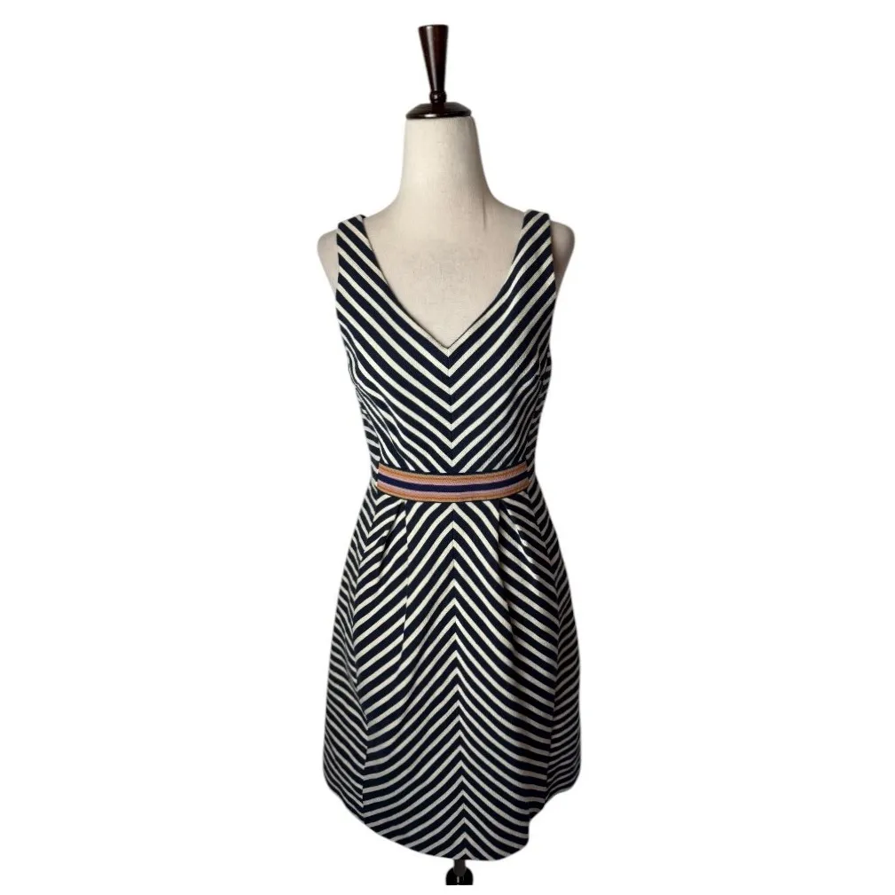 Maeve Anthropologie‎ Dress Women 2 Navy Blue Ivory Chevron Stripe Fit Flare Mini - Image 2