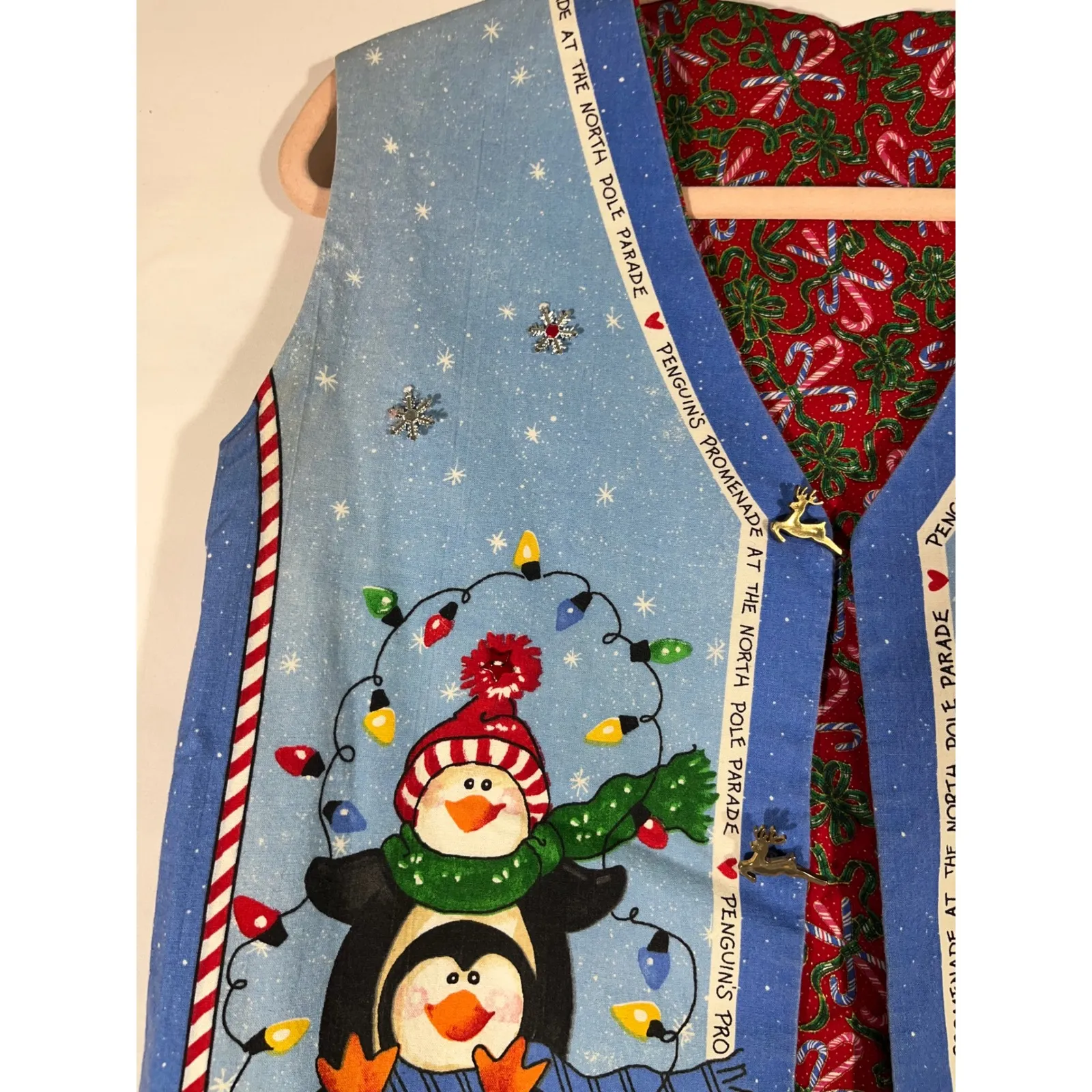 Vintage Handmade Penguin Christmas Vest Womens North Pole Reversible Holiday M/L Blue Size L - Image 6