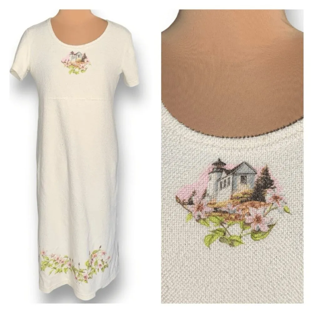 Vintage Cottagecore Lighthouse Floral Print Maxi Dress Cream Textured Knit Pink Size M - Image 2