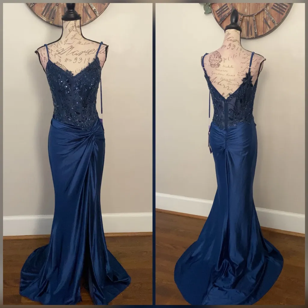 Navy blue corset prom dress, formal dress and evening gown - Image 2