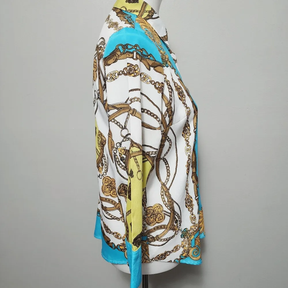 NY&CO Turquoise Baroque ¾ Sleeve Button Down Size Small - Image 2