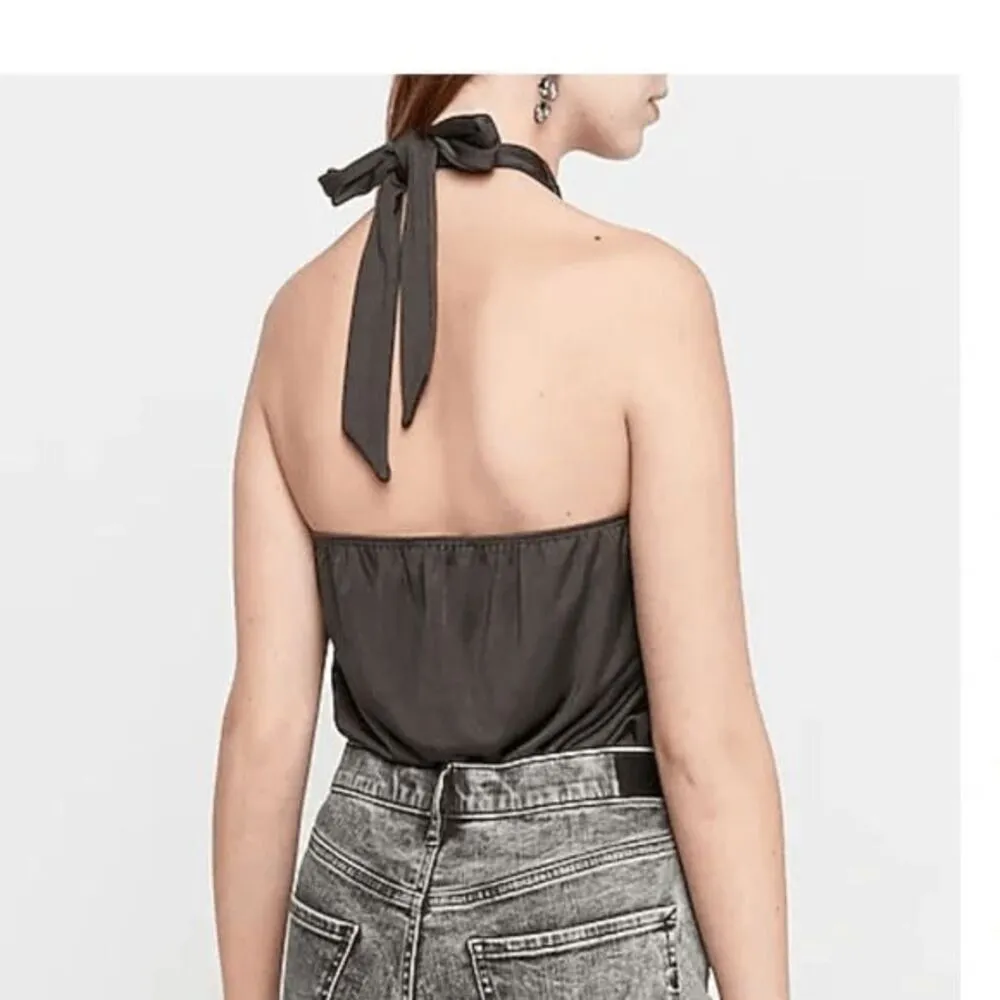 Express Tan Shiny Stretchy Wrap Front Halter Tie Neck Bodysuit Medium NWT - Image 10