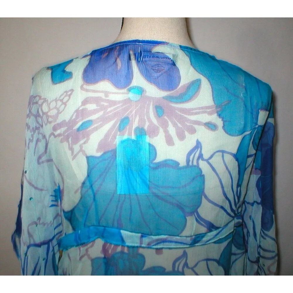 NWT New Silk Tunic Top Womens Antik Batik M Blue Purple Swim Sheer Cover Up Sequ Size M - Image 3