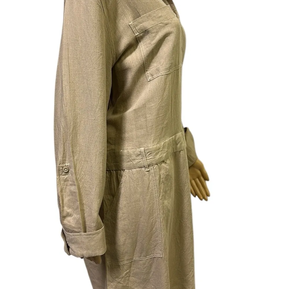 Beachlunchlounge Linen Rayon Blend Khaki Utility Long Sleeve Dress Womens XXL - Image 7