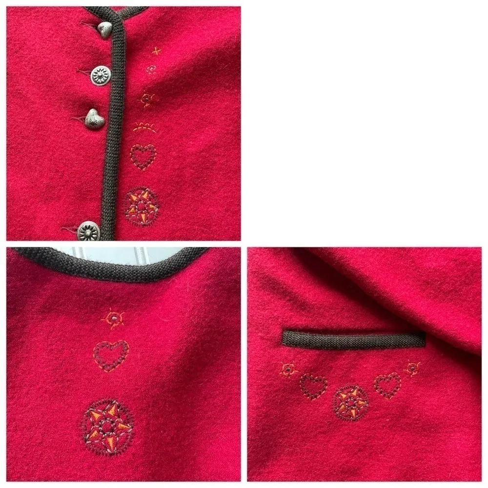 GEIGER of Austria Wool Sweater Jacket Cardigan Ruby Red Size Large Hearts Stars - Image 10