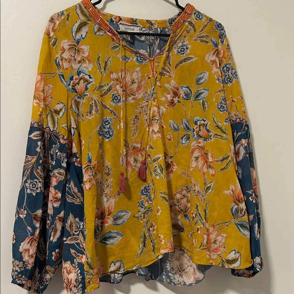 Johnny Was Workshop 100% Cotton Lightweight Embroidered Peasant Blouse Size M - Image 3