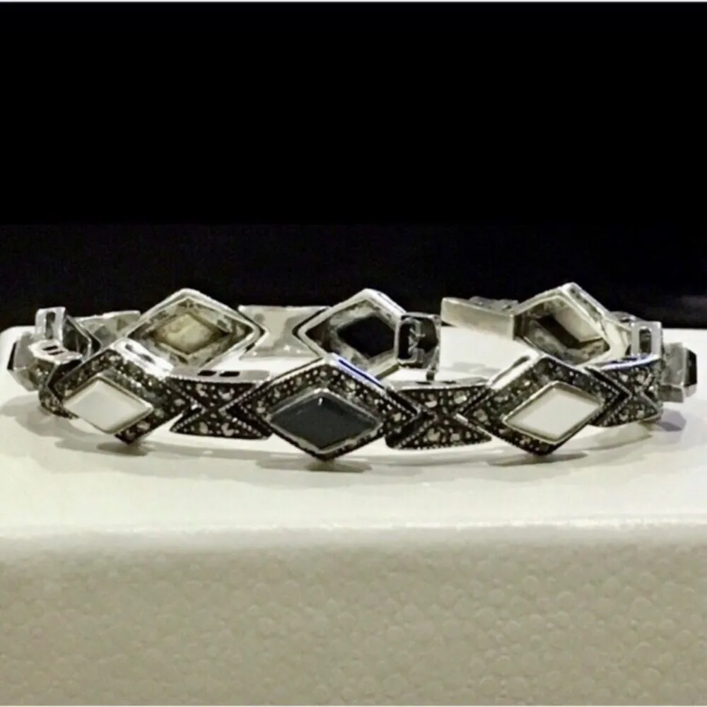 Art Deco Black Onyx Mother of Pearl Sterling Silver Marcasite Bracelet - Image 2