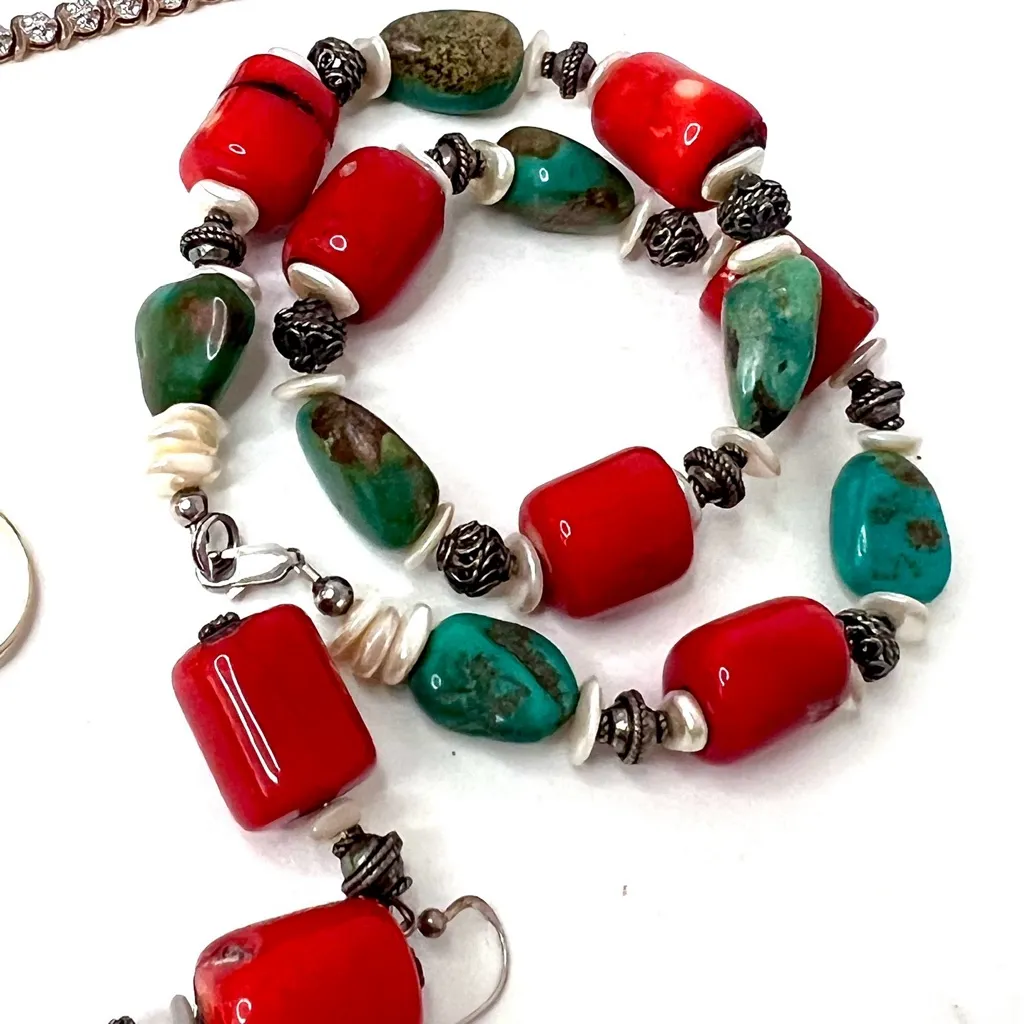 Coral & Turquoise Necklace & Earring Set Red - Image 6