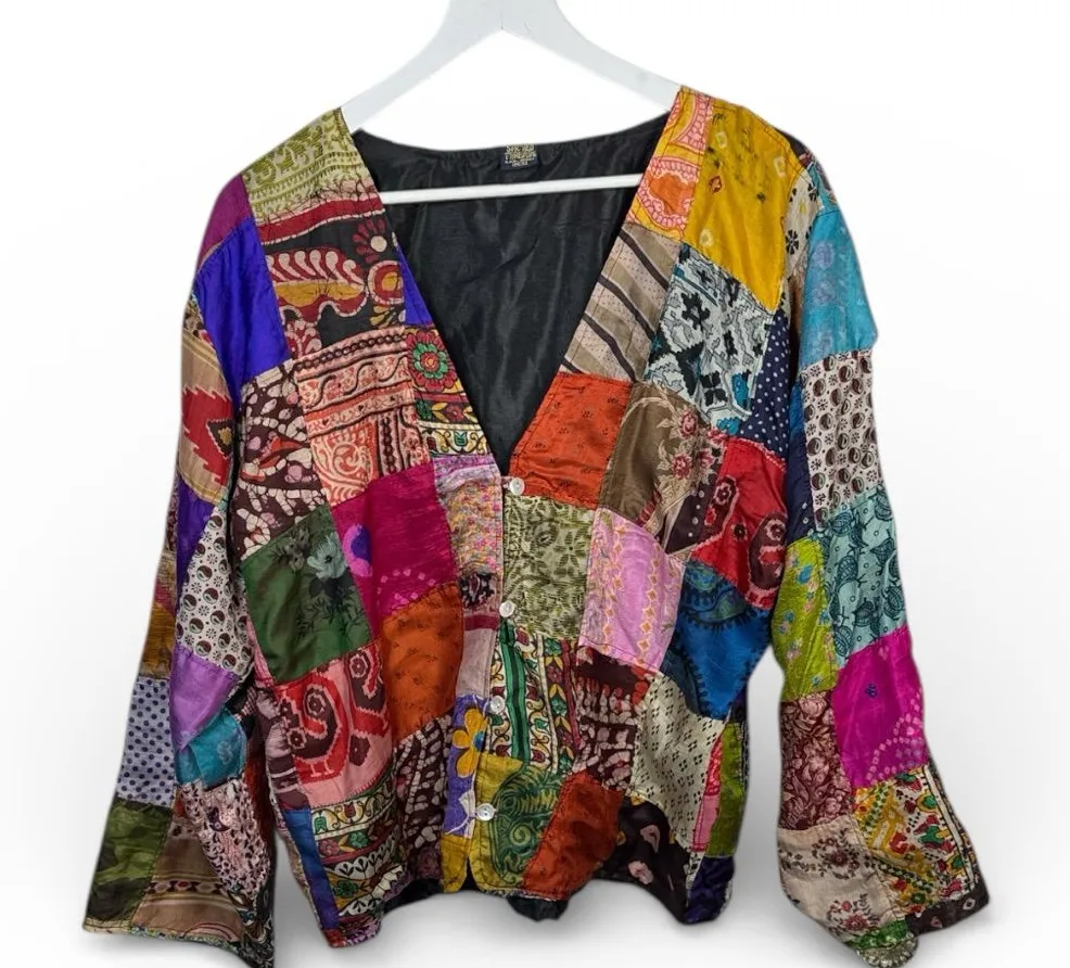 Sacred Threads Flowy Vintage Silk Patchwork Button-front Jacket Boho Top W2098 - Image 1