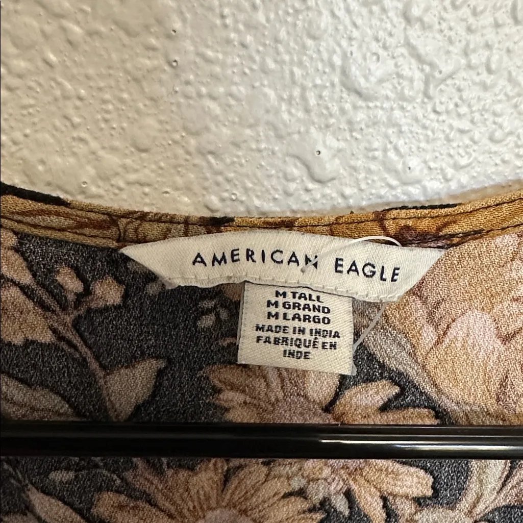 American Eagle Outfitters Black Gold Floral Faux Wrap Mini Dress Size M Tall - Image 2