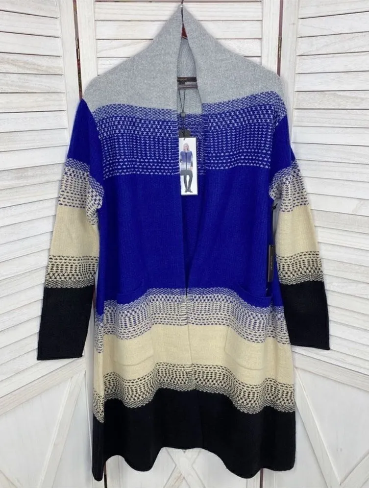 MaxSport Western Colorblock Long Cardigan Sweater Gray Blue Cream Black Large - Image 1