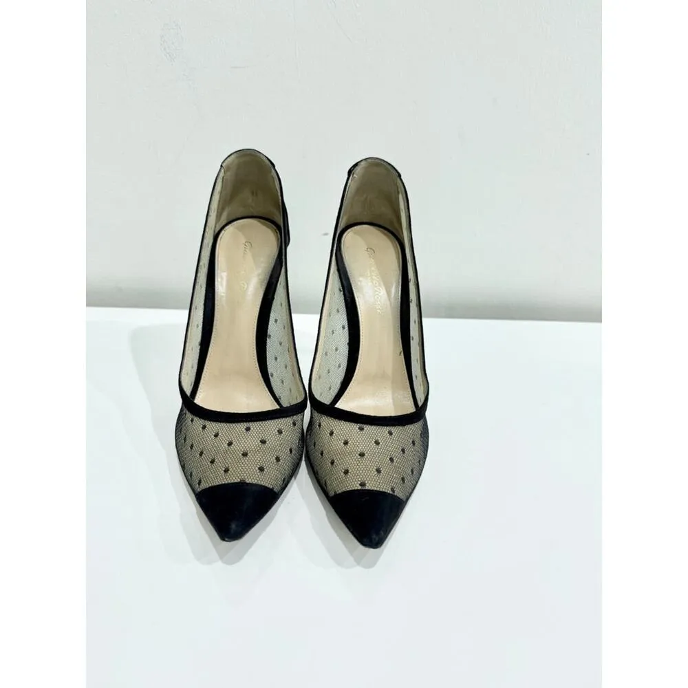 Gianvito Rossi Ivy Suede Polka Dot Mesh Pointed Pumps Heel Black Women's Size 39 - Image 5