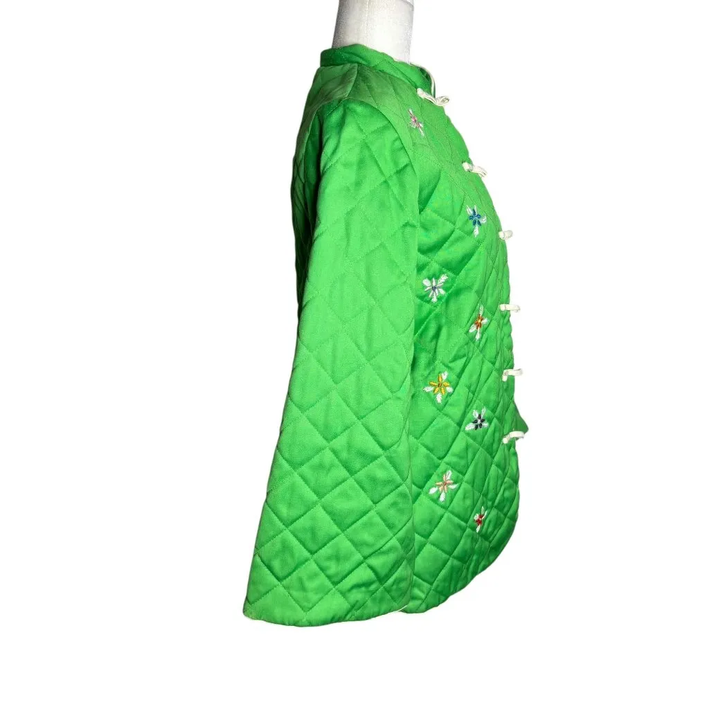 Vintage 70s Alfred Shaheen Quilted Asian Coat Small Green Frog Button Bell Sleev - Image 5