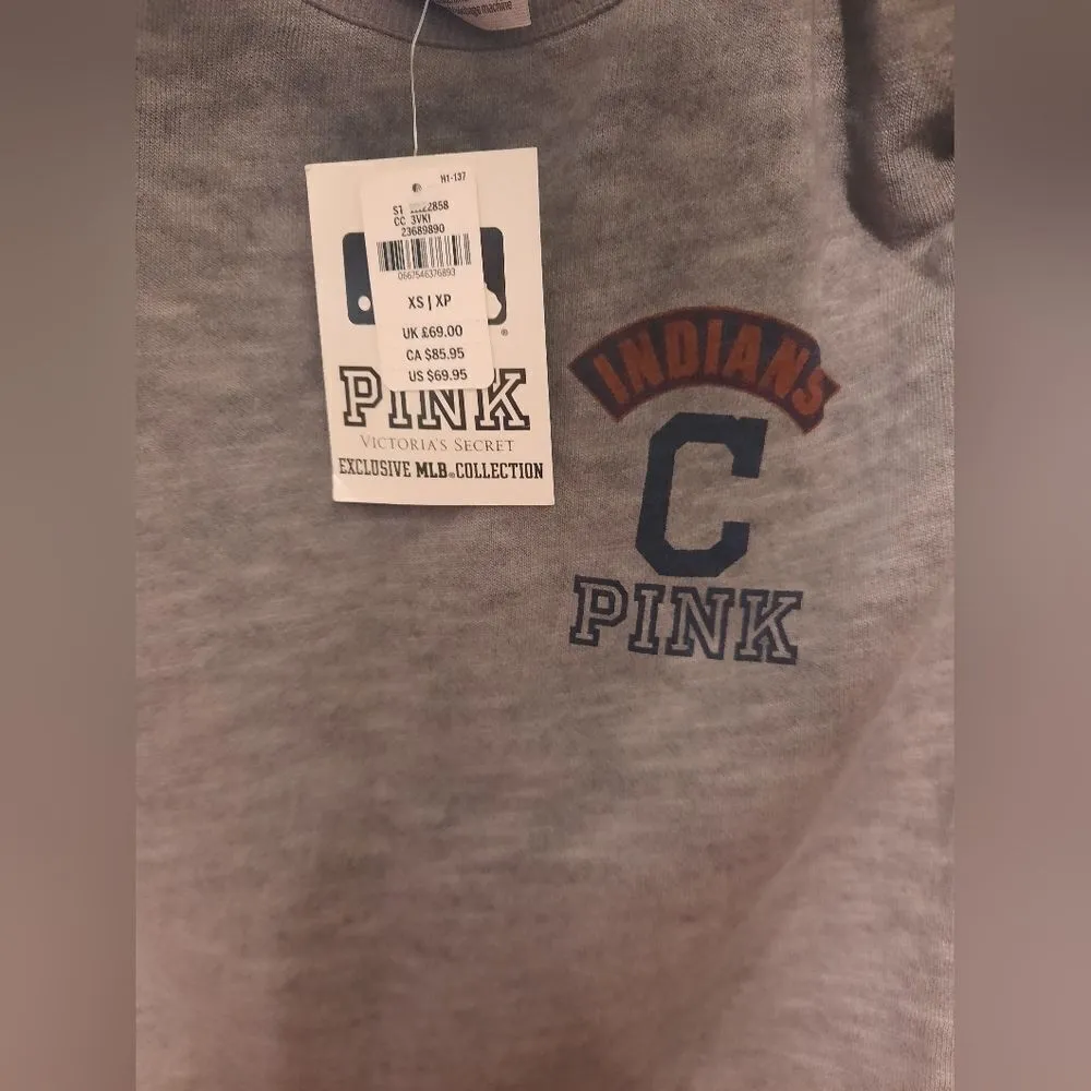 MLB x Pink Three Strikes Cropped Cold Shoulder Gray Sweatshirt Top Cleveland XS - Image 2