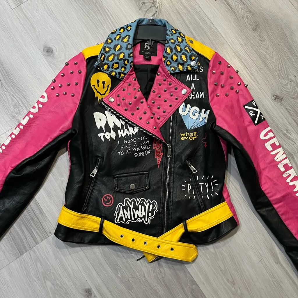 Colorful Studded Leather Jacket Pink Size L - Image 2