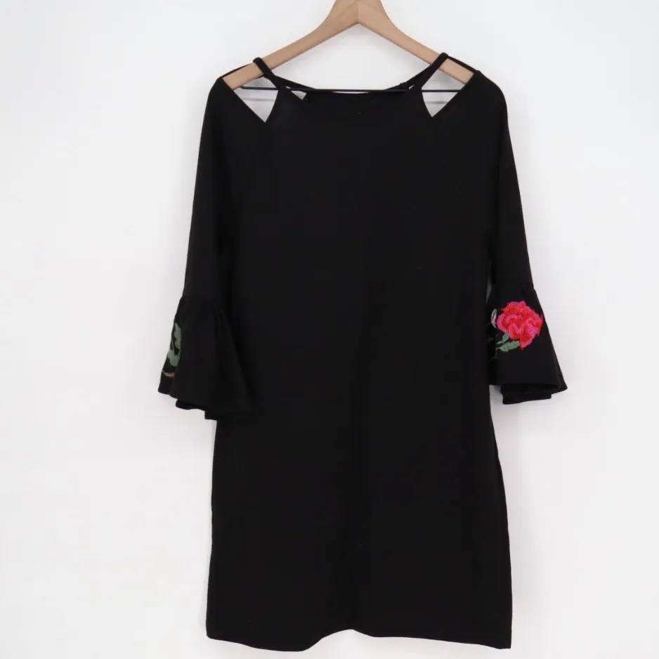 Alya Black Cutout Cold Shoulder Bell Sleeve Rose Embroidered Dress Size Large - Image 2