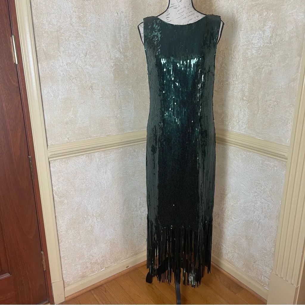 Nanette Lepore Women's Green Sequins Fringe Hem Maxi Cocktail Dress Party Sz 14 - Image 13