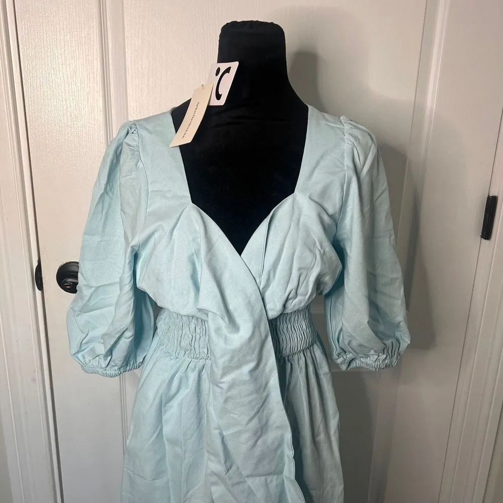 Commense Cotton Linen Twist‎ Tunic Midi Dress Light Blue Short Puffed Sleeve NWT Size M - Image 7