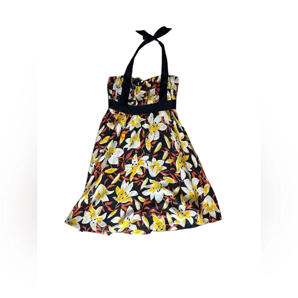 Moulinette Soeurs*‎ Black & Yellow Small Silk Floral Print Halter Neck A-Line 8 - Image 5