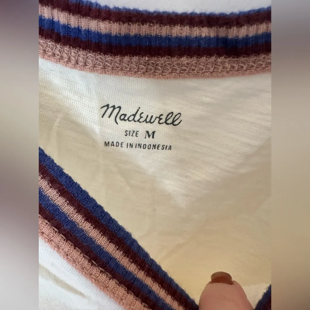 MADEWELL IVORY PURPLE WHISPER COTTON RIB-CREWNECK RINGER TEE Sz M - Image 4