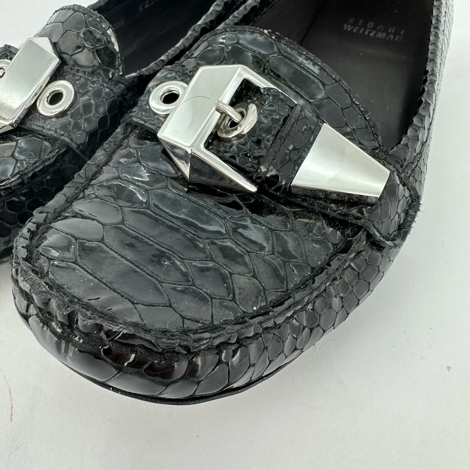 Stuart Weitzman Women’s  Black Leather Snake Skin Loafers Buckle - Image 5