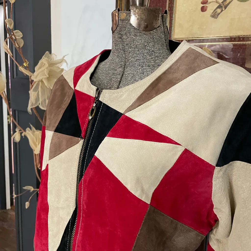 Vntg Karen Arnold Patchwork Leather Jacket Red Cream Colorblock Y2K - Image 6