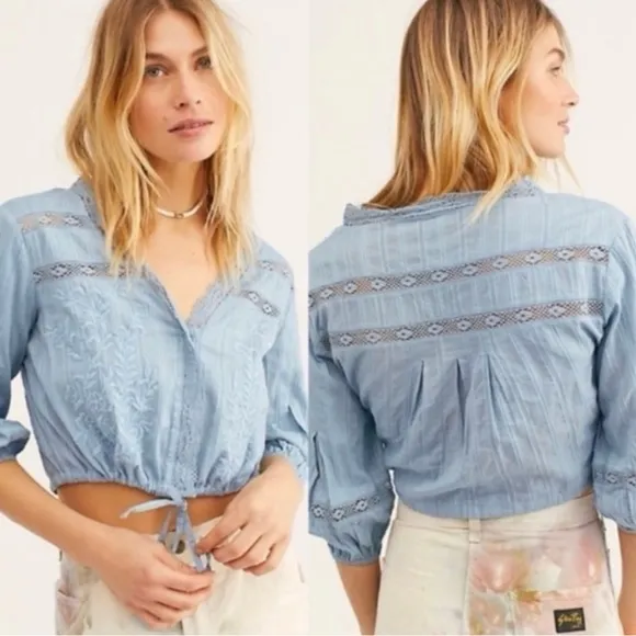Free People Dainty Edwardian Embroidered Lace Cottage Top Billowy Sleeves Medium - Image 2