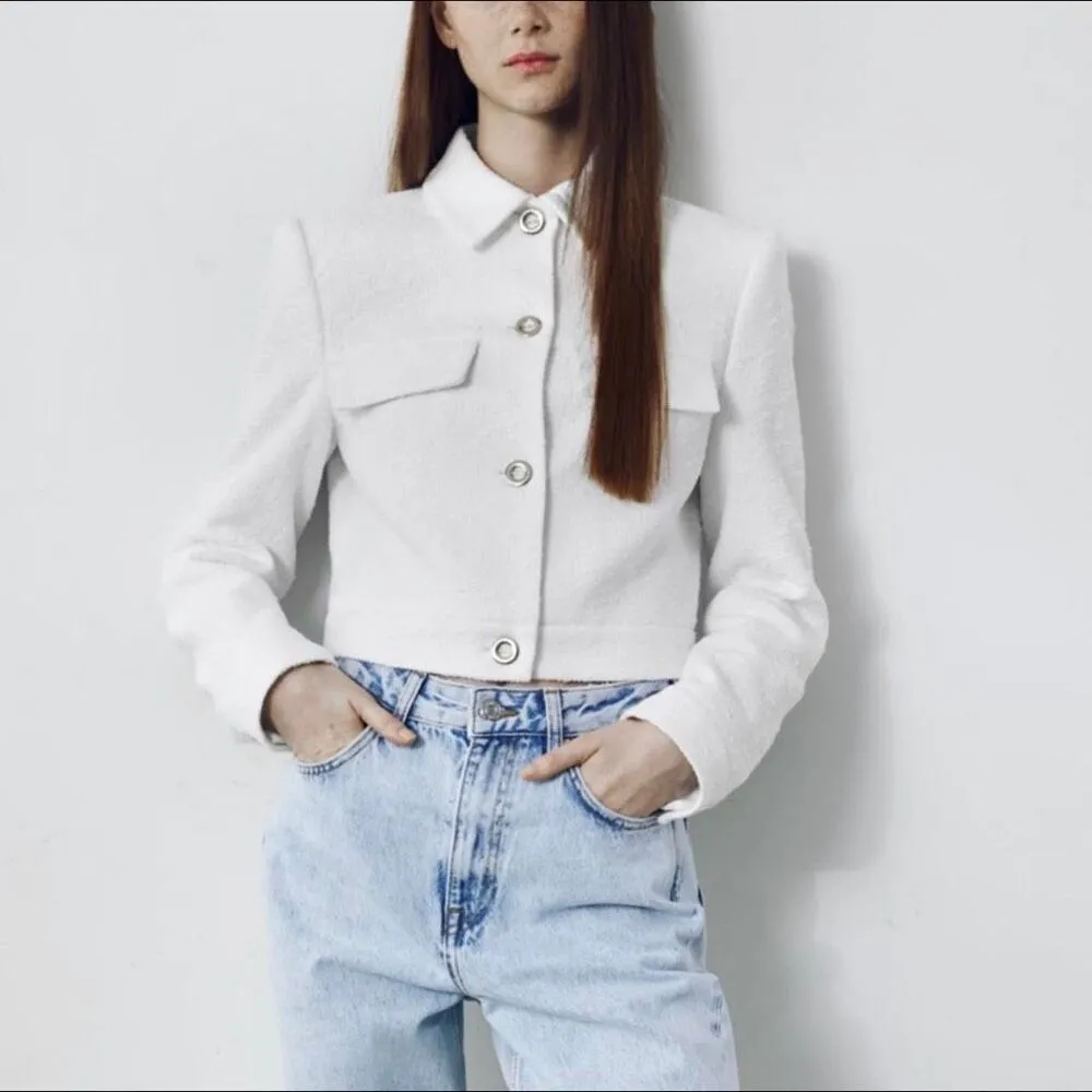 ZARA Textured Cropped Blazer with Gold Buttons In Oyster White Size M - Image 3