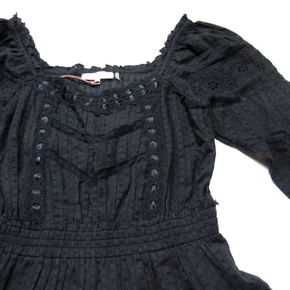 NWT LoveShackFancy Sanaya Mini in Black Ribbon & Eyelet Trim Cotton Dress L - Image 5