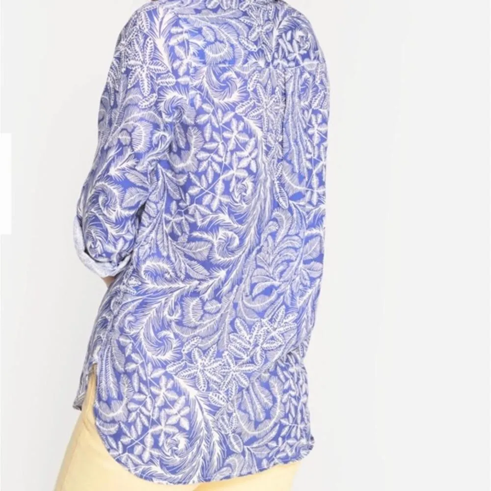 J Mclaughlin 100% Linen Button Up Shirt Britt Blouse Navy Blue White Size XS - Image 2